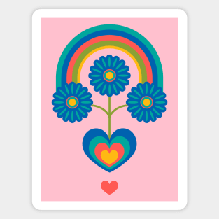 UNDER THE RAINBOW Folk Art Mid-Century Modern Scandi Floral With Flowers and Hearts on Pink - UnBlink Studio by Jackie Tahara Magnet